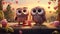 two tiny owlets, perched on a branch and sharing love