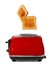 Two toasts jumping out of red toaster against white background