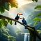 Two Toucan Tropical Birds Sitting on a Tree Branch in Natural Wildlife Environment in Rainforest Jungle