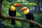Two toucans perched on a branch amidst a lush, green forest, A pair of toucans perched together on a tree branch, AI Generated