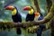 Two toucans sitting together on a branch covered in moss, Two toucans perch on a branch in the vibrant rainforest, AI Generated