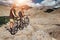 Two tourists with bikes explore Himalaya mountain region