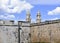 The two towers of Campeche Cathedral behind the city walls