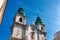 Two towers of Church of Mariahilf on Mariahilfer Strasse Vienna