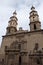 Two towers and entrance in Cathedral in Leon, Guanajuato. Vertical View, Right side