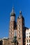 Two towers of St. Mary\'s Basilica on main market sguare in cracow in poland