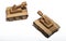 Two toy tanks made by children from corrugated cardboard are fighting. toy cardboard tanks isolated on a white background. Toys