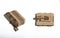 two toy tanks made by children from corrugated cardboard. toy cardboard tanks isolated on a white background