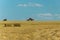 Two tractors driving across the stubble field