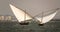 Two traditional wooden boats sailing in a regatta, in Albufera Valencia