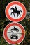 Two traffic signs for prohibition of motorcycles, cars and horse riding