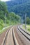 Two train lines in bends in a mountain landscape