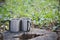 Two travel metal mugs on wooden stump against green grass