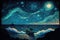 Two travelers are in the boat in the sea at night. Starry sky. Ship is far away. Post-impressionism style picture. Generative AI