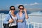 Two traveling women, mother and teenage daughter in luxury travel Mediterranean