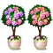 Two trees with leaves and red and pink spotted Easter eggs in stylized shell pots. Symbol and decoration for holiday