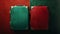 Two trendy travel suitcases on red and green split background. Top view. Travel concept. Generative AI