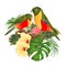 Two tropical birds   bouquet with tropical flowers hibiscus on a branch palm,philodendron on a white background vintage vector