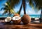 Two Tropical Coconuts Resting on a Rustic Wooden Table With Serene Beachscape