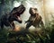 Two tyrannosaurus rex are fighting in a forest.