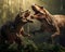 Two tyrannosaurus rex are fighting in a forest.
