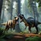 Two tyrannosaurus rex are fighting in pine forest Created by