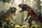 Two tyrannosaurus rex are fighting in pine forest . Created by generative AI