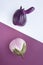 Two ugly eggplants on a contrasting white and purple paper background. Organic vegetable Solanum melongena. Conscious eating