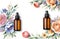 two unbranded essence oil bottles on floral watercolor background, illustration with copyspace