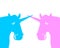 Two unicorn. Pink fanatical beast. Blue fabulous animal with horn.