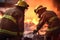 Two uniformed firefighters putting off pire, unrecogzinable people, . Generative AI