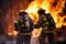 Two uniformed firefighters putting off pire, unrecogzinable people, . Generative AI