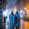 Two unrecognizable human characters disguising as ghosts walking down the street on Halloween holiday, generative AI