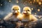 Two utterly adorable ducklings are swimming in a pond