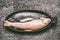 Two varieties of trout: brown trout and rainbow trout in baking bowl on gray granite table , top view.