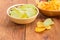 Two various potato chip in ceramic bowls closeup