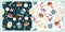 Two various vector seamless pattern of Christmas sweets. Christmas seamless background with cupcakes, lollipops, marshmallows, sno