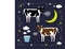 Two vector cows in simple style on a dark background. Milk in a bucket. Cow collection
