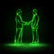 Two vector neon businessman handshaking on a black background.