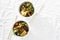 Two vegetarian poke bowl Tofu rice seaweed green peas vegetarian food Top view flat lay