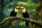 Two vibrant birds perched on a branch, showcasing their vibrant plumage against a natural backdrop, Two toucans perch on a branch