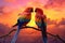 Two vibrant birds sit on a branch against a stunning sunset backdrop, Two lovebirds perched on a branch, with a vibrant sunset in