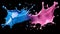 Two vibrant blue and pink liquids collide in a dynamic burst of color, creating a mesmerizing splash and swirl of