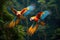 Two vibrant parrots soar gracefully in the sky, A pair of tropical macaws flying over the Amazon rainforest, AI Generated