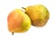 Two vibrant ripe pears with spotty pear skin on white.