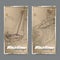 Two vintage banners with sailboat and surfer sketch. Maritime adveture series.