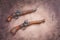 Two vintage duel pistols on wooden background
