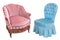 Two vintage white wooden chairs with blue and rose velvet upholstery. Retro style. Vintage furniture