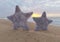 Two violet starfish on sandy beach with sunrise 3d illustration