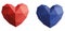 Two volumetric hearts of red and blue. Volumetric heart of colored paper